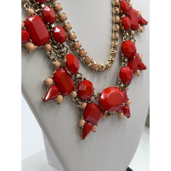 J. Crew Red Pink Peach Gold Tone Layered Multi Strand Rhinestone Necklace - Picture 6 of 14